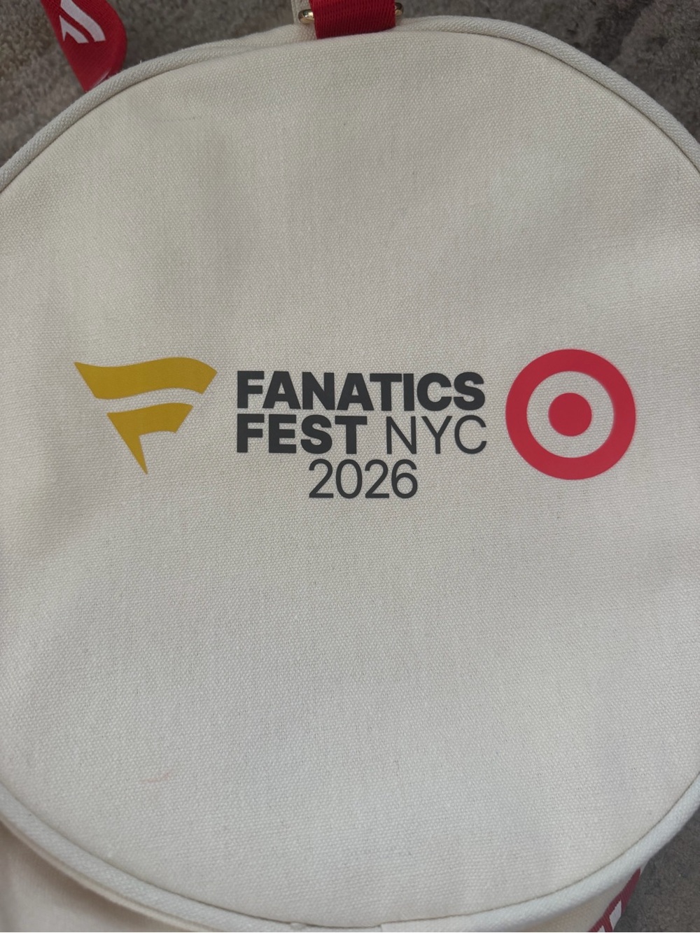 🆕Fanatics Fest NYC 2026 White Canvas Backpack with Yellow Emblem and Red Target